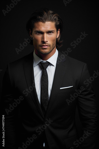 With an air of quiet confidence, the male model in his sharp business attire leans casually against a solid background, his perfect hairstyle adding to his allure.