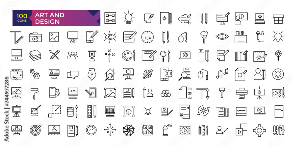 Art and Design Simple Set of Creativity Related Vector Line Icons graphic design tools collection