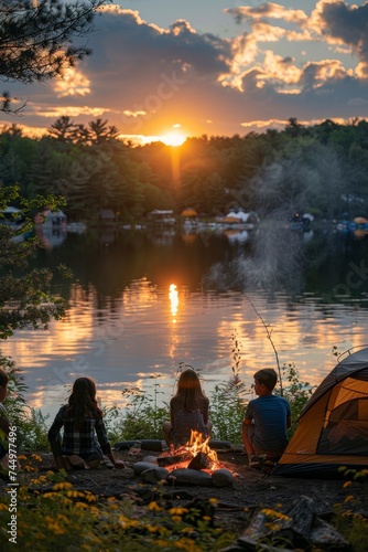 Family camping trip celebrating Victoria Day, nature, bonfire, tents, near a lake, outdoor adventure, patriotic ????????