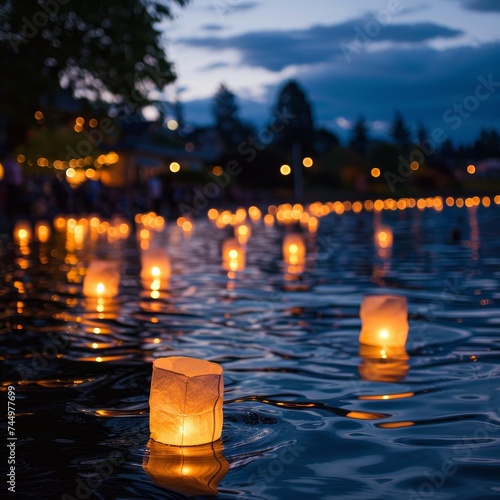 Victoria Day's tranquil lantern release over water signifies community unity and peace on this special night.