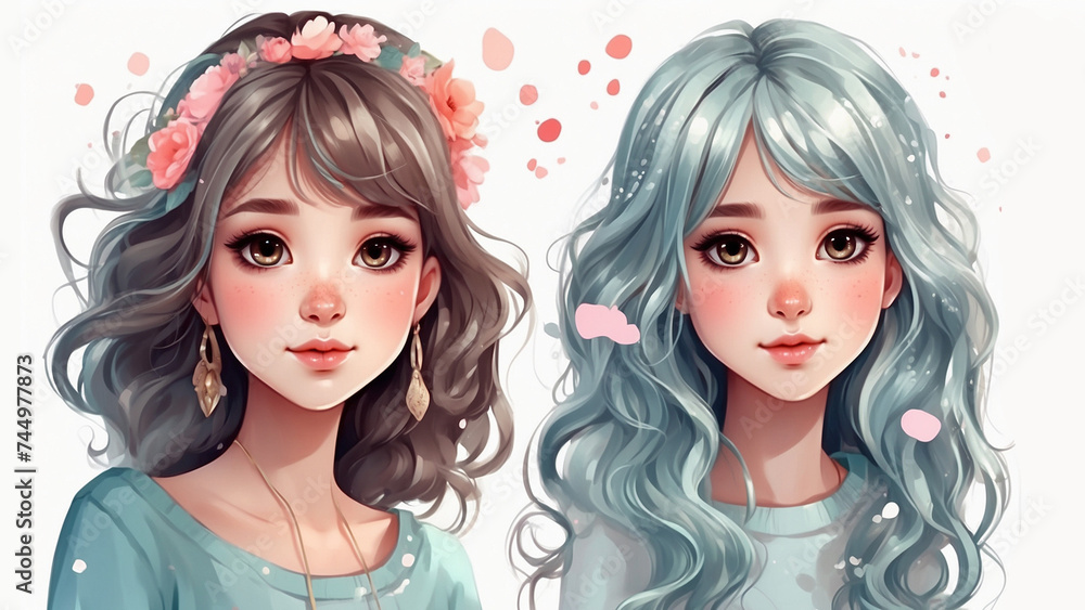 Beautiful girl with blue hair and pink flowers in her hair. Digital pastel illustration. cute youth
