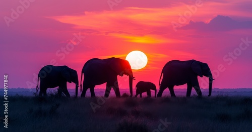 Silhouetted Elephants Set Against the Vibrant Hues of Sunset