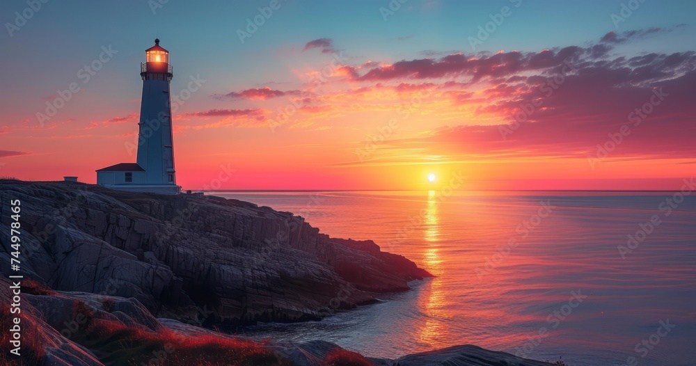 A Lighthouse Stands Proudly on Rugged Coastal Cliffs as the Sun Sets