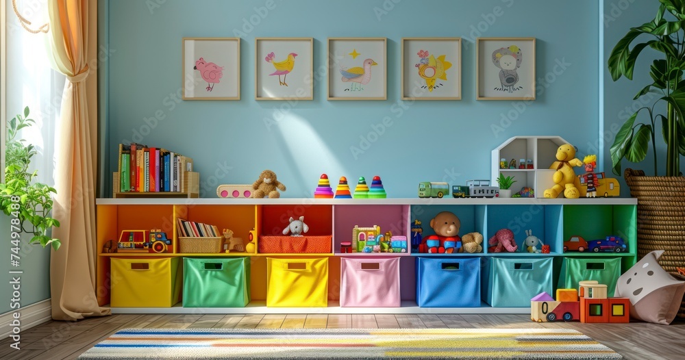 A Neatly Organized Playroom with Vibrant Bins for Effortless Toy and Book Storage