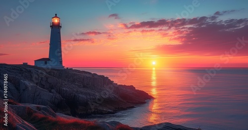 A Lighthouse Stands Proudly on Rugged Coastal Cliffs as the Sun Sets