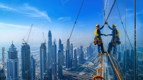 A construction worker in Dubai, UAE, working on a skyscraper, with the citya??s skyline in the background photo
