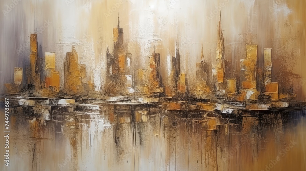Golden Cityscape, Large Abstract Oil Painting on Canvas, Custom Modern Art with Textured Golden Buildings