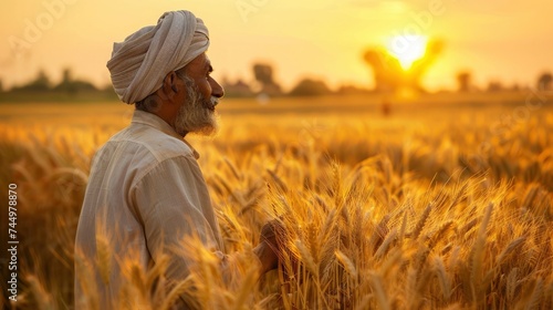 A farmer in the wheat fields of Punjab, Pakistan, inspecting the growth of his crops under the warm sun