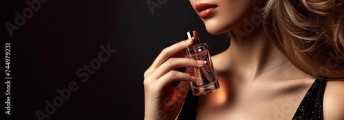 Captivating Young Woman Holding a Perfume Bottle in a Dimly Lit Ambience