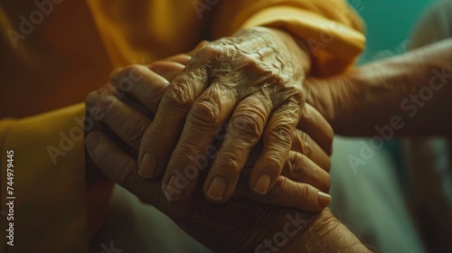 Tender Moments, Affectionate Elderly Woman Covering Wrinkled Hands of Mature Husband, Expressing Love and Support in the Warmth of Home © EMRAN