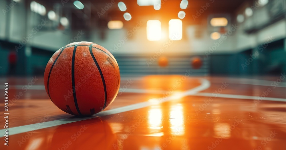 Court Dynamics - Basketball court Orange ball, hoop, and team competition on gym floor Court Dynamics - Basketball court Orange ball, hoop, and team competition on gym floor