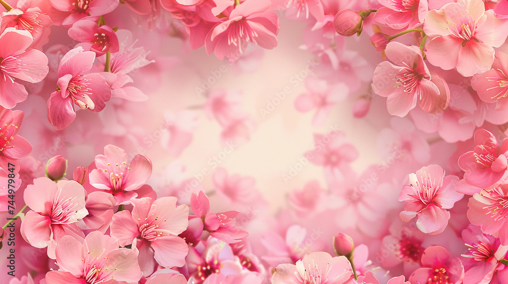Background of pink flowers with empty space for text or greeting card design. Postcard for International Women's Day and Mother's Day. Banner. 