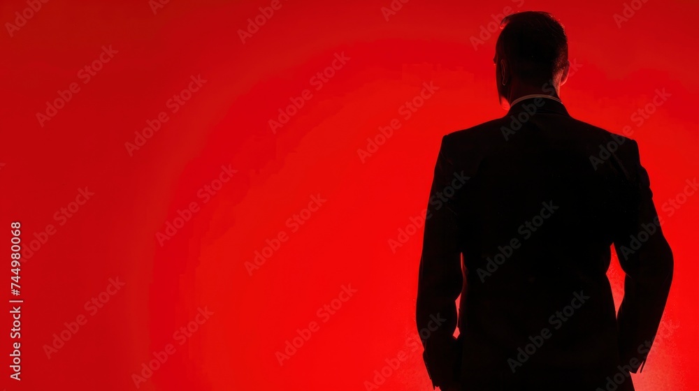 A silhouette of a businessman against a red background, symbolizing power and determination