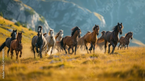 a herd of wild horses running through a mountainous landscape. The movement of the horses and the rugged terrain should create a dynamic bokeh effect , photo