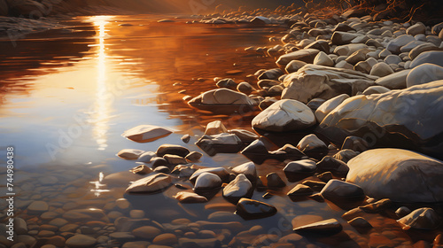 Present an image of stones along a riverbank with a soft, warm glow.