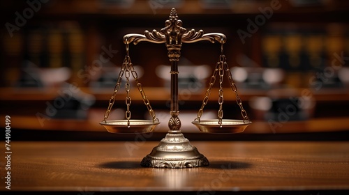Law scales on table in front black background. Symbol of justice. photo