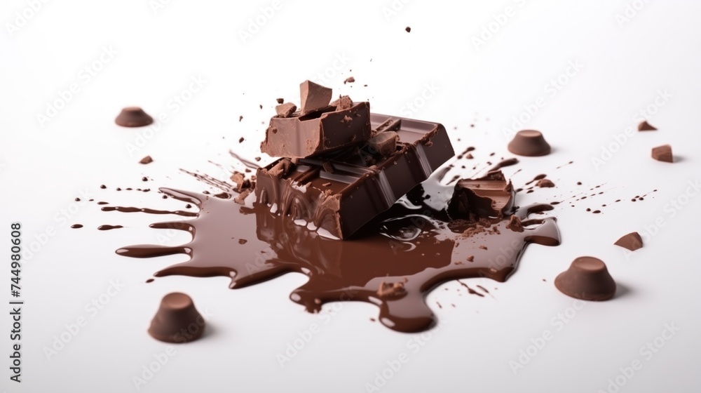 Fototapeta premium Pieces of broken chocolate bar with chocolate drippings Isolated on white background.