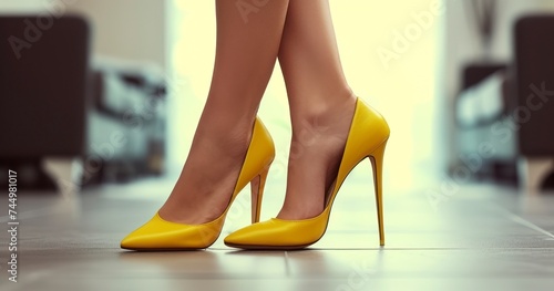A Woman Accentuating Her Ensemble with Bright Yellow High Heels
