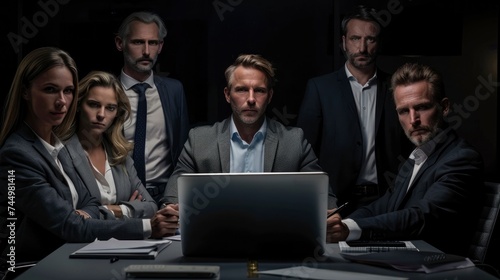 A team of six business professionals in a sleek office with a black background. They are all looking at the camera with ambitious expressions