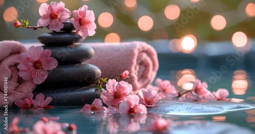 Tranquil Harmony - A Soothing Display of Spa Stones  Delicate Pink Flowers  and Fluffy Towels