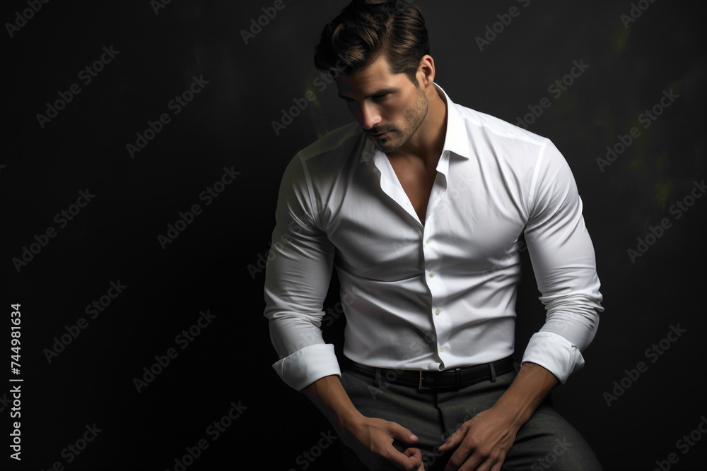The elegant male model, in a crisp white shirt and charcoal trousers, clasping his hands together, exuding professionalism against a dark gray wall.