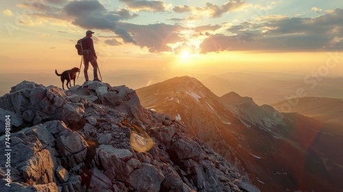 A weathered mountaineer, a teen buzzing with excitement, and a playful dog reach the peak just as dawn breaks. Breathtaking views reward their climb