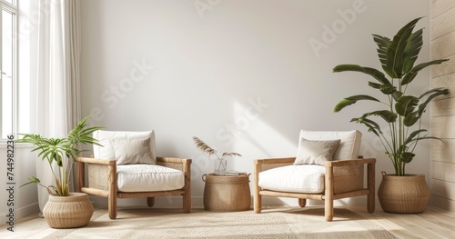 A Harmoniously Designed Warm-Toned Living Room with Cream Armchairs and a White Wall Setting