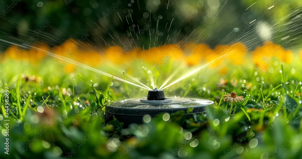 An Automatic Lawn Sprinkler System Designed to Conserve Water with Easily Adjustable Heads - obrazy, fototapety, plakaty 