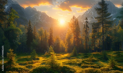 Beautiful nature landscape with mountains and pine tree, generated by AI
