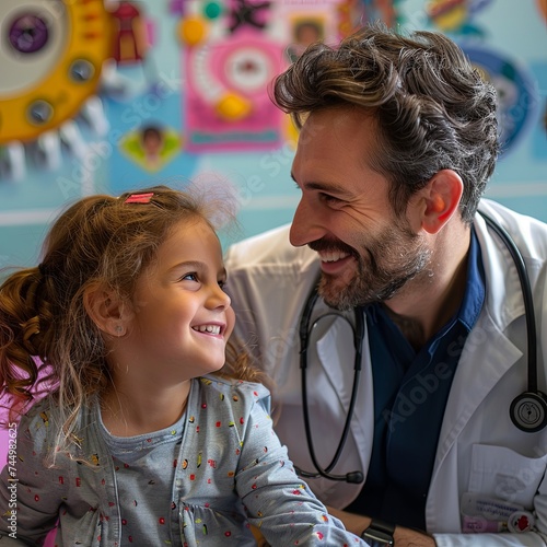 Pediatrician with playful demeanor engaging a child in a brightly colored clinic, fostering trust and comfort