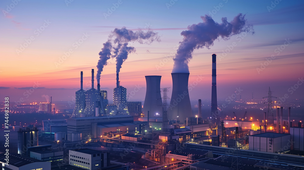 The silhouette of a power plant with smoking chimneys against a twilight sky, symbolizing energy and pollution