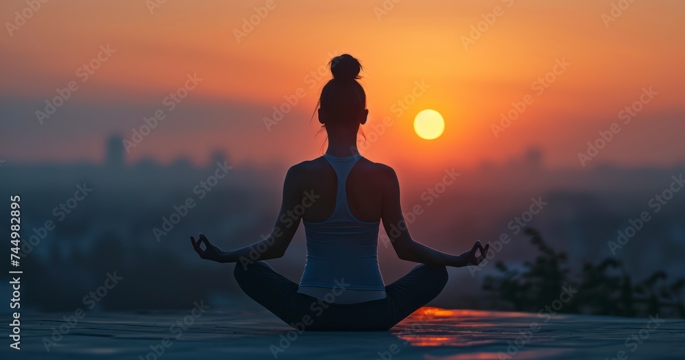 Elegance at Dawn - A Beautiful Woman's Silhouette Merges with the Tranquility of Morning Yoga