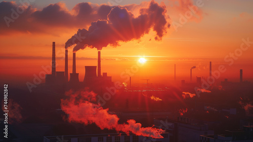 The silhouette of a power plant with smoking chimneys against a twilight sky, symbolizing energy and pollution
