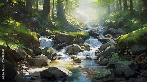 Present a captivating view of stones in a forest stream with cascading water.