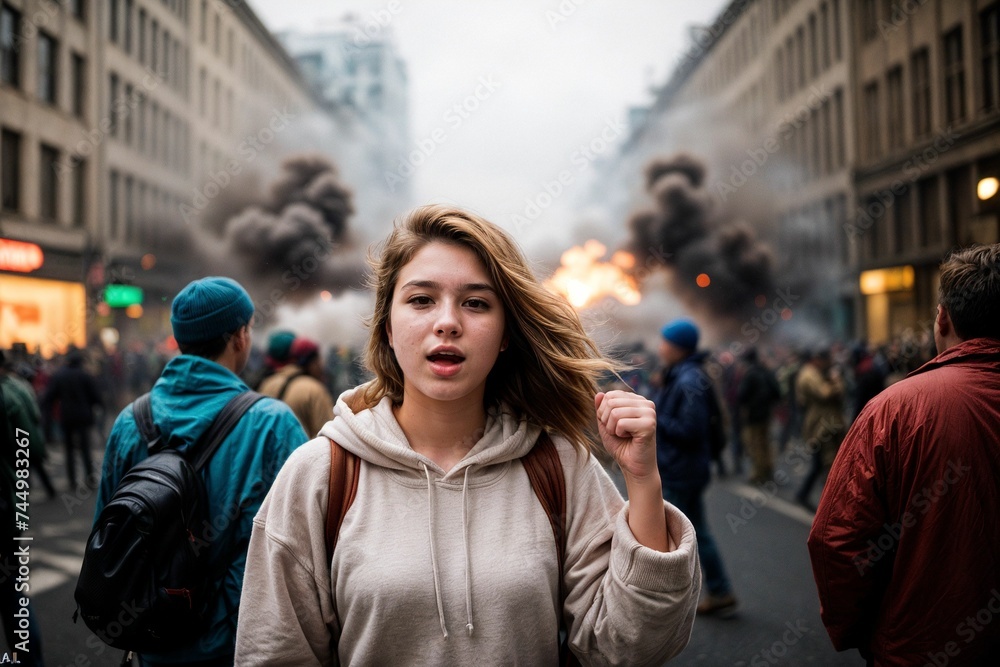 A young female protester raises her clenched fist amidst a fiery cityscape, expressing outrage over social issues A young female protester raises her clenched fist amidst a fiery cityscape, expressing outrage over social issues