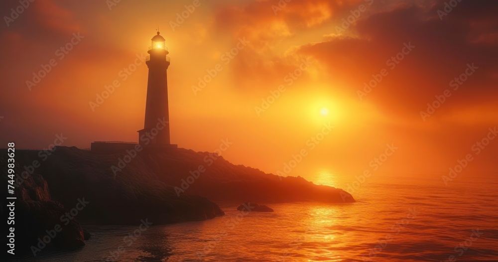 Seaside Sentry - The Silhouette of a Lighthouse on Rugged Cliffs Embraced by the Glow of Sunset