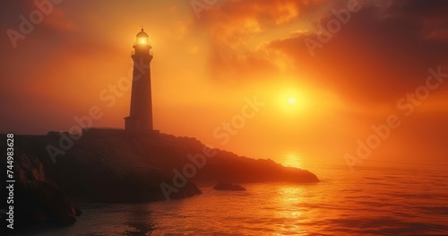 Seaside Sentry - The Silhouette of a Lighthouse on Rugged Cliffs Embraced by the Glow of Sunset