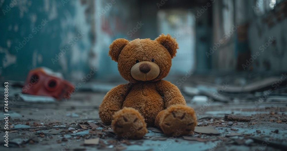 An Abandoned, Worn-Out Bear Toy in a Gloomy, Forsaken Environment An Abandoned, Worn-Out Bear Toy in a Gloomy, Forsaken Environment