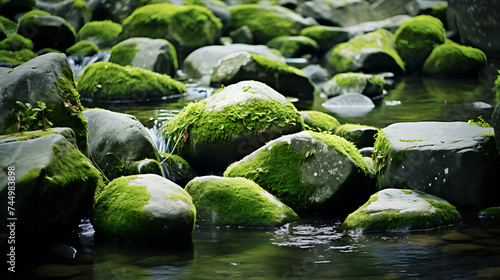 Present a captivating view of stones covered in moss near a mountain lake.