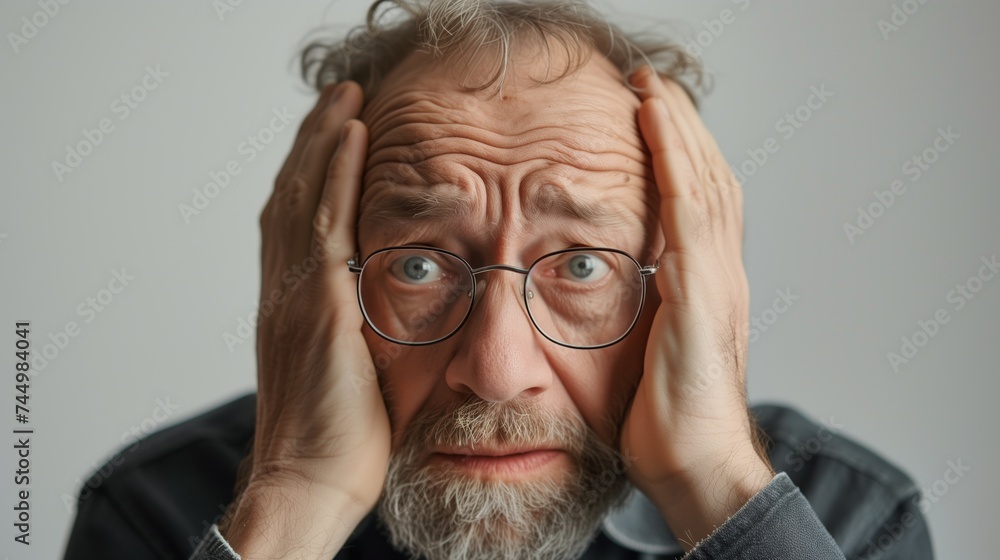 Man clutches his head in despair,hands gripping head showing shocked, screaming, depressed expressions. Senior. Man clutches his head in despair,hands gripping head showing shocked, screaming, depressed expressions. Senior.
