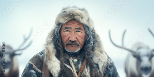 a male reindeer herder with a herd of deer in the tundra on a pasture. portrait of a native northerner.