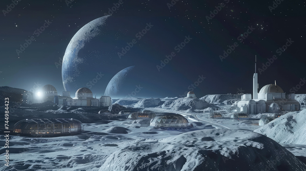 Naklejka premium 3D render of a lunar colony with domed habitats and greenhouses heralding mankinds future in space living