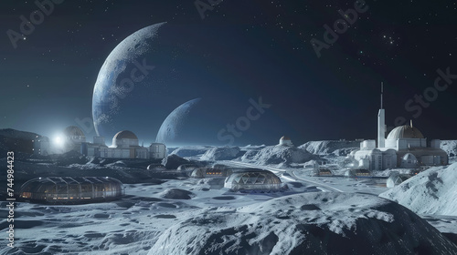 3D render of a lunar colony with domed habitats and greenhouses heralding mankinds future in space living photo