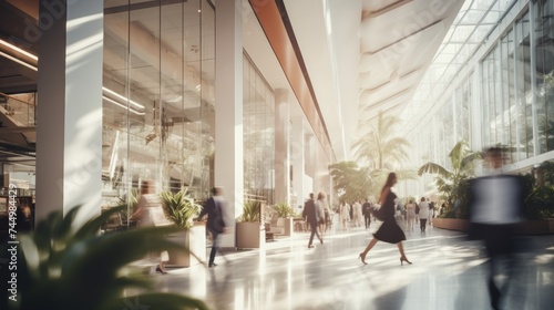 Dynamic business environment with blurred motion of people walking in bright modern office space