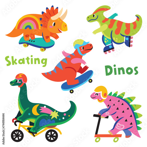 Collection with colourful cartoon dinosaurs ride on skates  rollers and bicycle