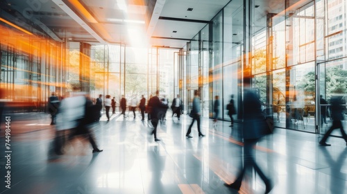 Vibrant business workplace with people walking in blurred motion in modern office environment photo