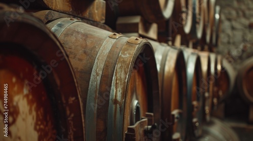 Old wooden Barrels in the wine cellar. Interior of an old distillery © Nataliya