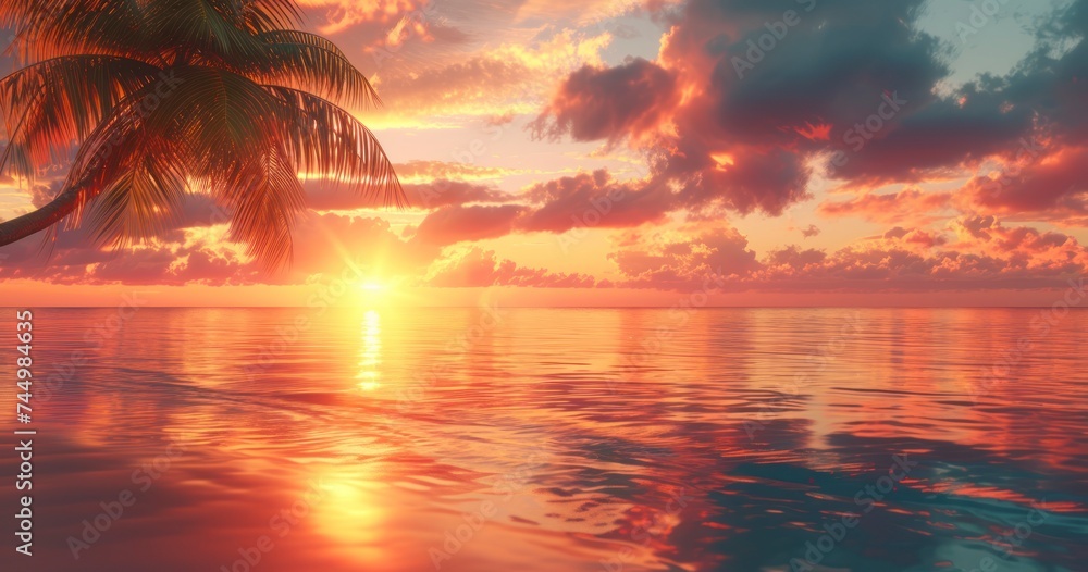 Artistic Depiction of a Coconut Palm Under a Dramatic Sunset with Sea Reflections on a Tropical Shore - obrazy, fototapety, plakaty 