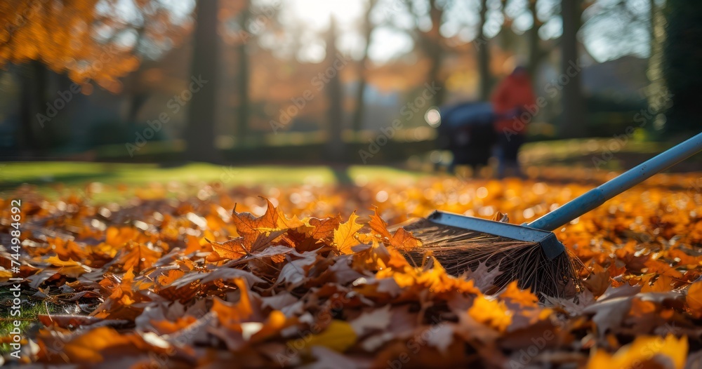 Sweeping Up the Season's Fallen Leaves and Grass in the Garden