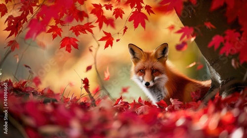  A red fox cautiously peeking out from behind a vibrant red maple tree, leaves swirling around its body. Fallen leaves blur across the forest floor, highlighting the changing colors of the season ,